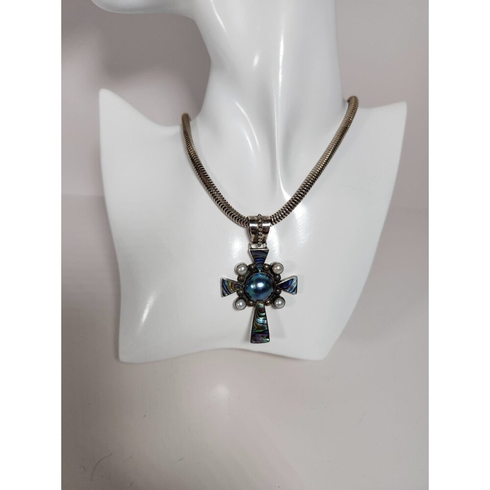 Sterling Silver Merav Thailand Abalone & Mabe Pearl Cross Pendant Snake Necklace